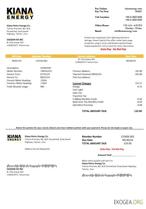 Modèle de facture de services publics d'entreprise Iran Kiana Petro Energy Co au format Word et PDF